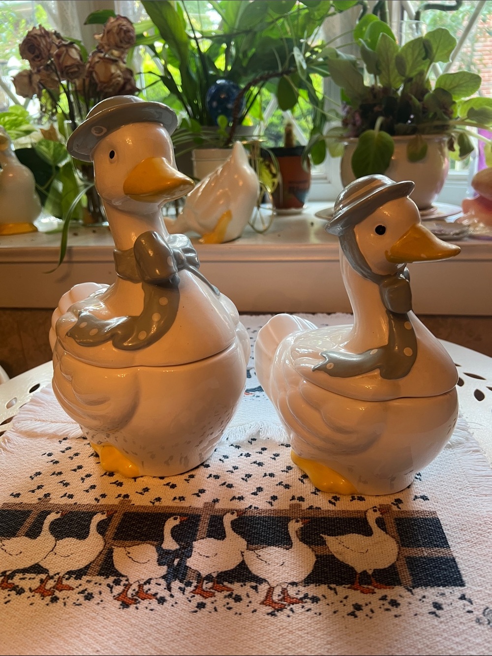 Vintage White Ceramic Duck Cookie Jars with Yellow Beaks and placemats